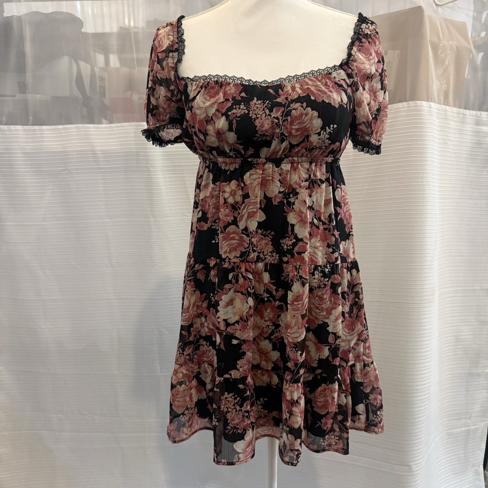 City Triangles Floral Mini Dress Small Black Pink Puff Sleeve Tie Back Boho